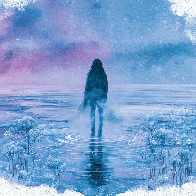 Aquarela de uma figura de pé sobre uma planície de sal sob um céu azul e lavanda