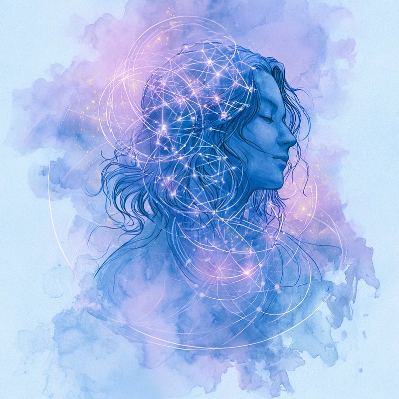 Aquarela de um rosto de perfil envolto por linhas de geometria sagrada